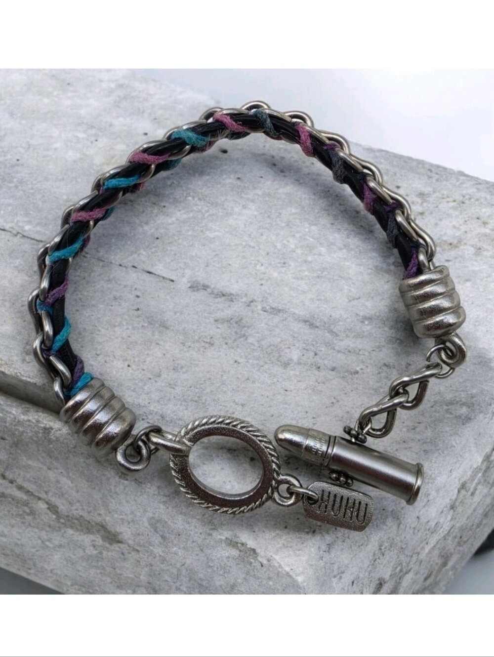 HUHU Jewels Leather Fabric Strips Braided Chain Bracelet Toggle Bullet Clasp